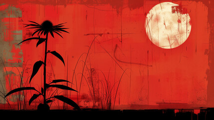 Silhouette of a wildflower against a vibrant red background with a full moon.