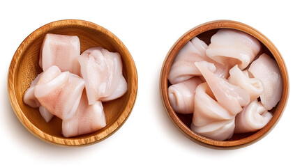 squid meat in wooden bowl isolated on white background