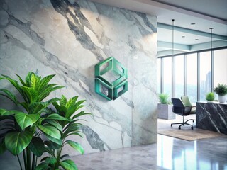 Modern office interior with lush green plants and sleek black grey marble wall featuring a stylish logo design mockup, perfect for corporate branding.