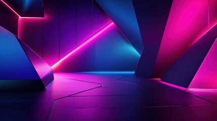 Abstract futuristic backdrop with neon lights and geometric shapes, creating a vibrant and modern ambiance in a dark setting.