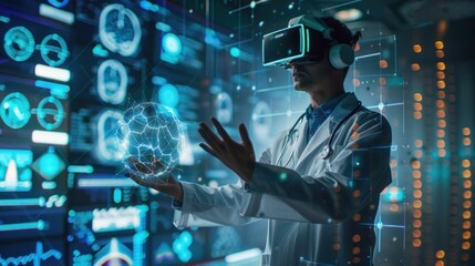 Doctor wearing VR headset interacts with a digital sphere.