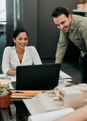 Poster - model, laptop and business people in office for architecture, project management and collaboration. 