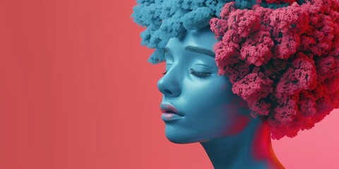 Poster - A woman with blue hair and pink flowers on her head