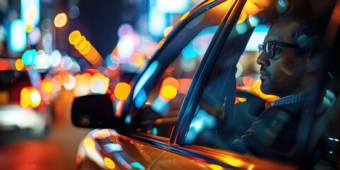 Canvas Print - A man is driving a car in a city at night