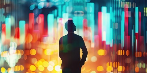 Wall Mural - A man is standing in the middle of a city at night