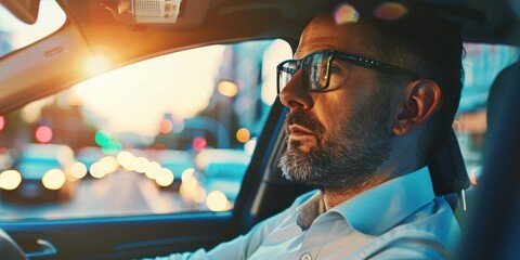 Sticker - A man in a car with his head down and wearing glasses