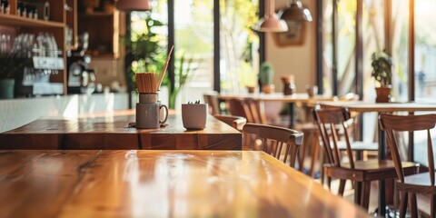 Canvas Print - A restaurant with a wooden table and chairs