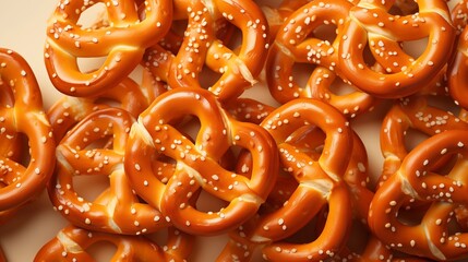 Wall Mural - Detailed view of a fresh pretzel, featuring delicious textures, front view from above, studio lighting, white background.