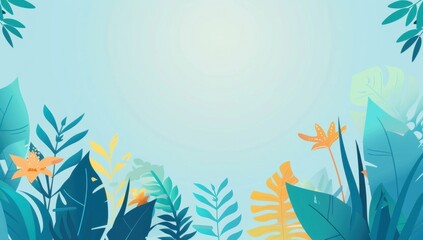 Poster - summer background with blue color, plants and leaves in the style of simple shapes, light green to yellow gradient, flat design with simple shapes Generative AI