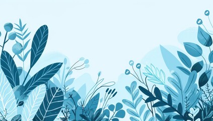 Poster - a summer background with plants and leaves colored blue, simple shapes, simple flat design, minimalistic style, pastel colors Generative AI