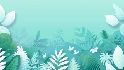 Poster - summer flat background with white leaves and plants, blue gradient, illustration, minimalistic style Generative AI