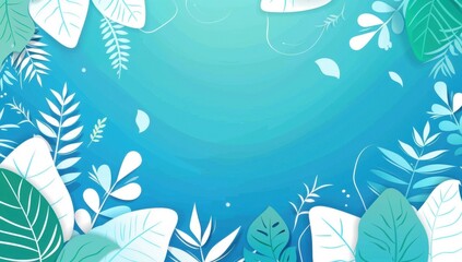 Poster - summer flat background with white leaves and plants, blue gradient, illustration, minimalistic style Generative AI