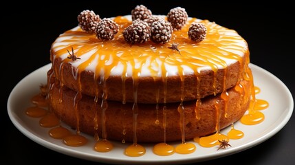 Wall Mural - Detailed view of a fresh pumpkin cake, showing delicious textures, front view from above, studio lighting, white background.