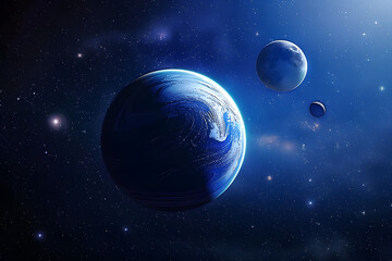 a blue planet surrounded by moons and mysteries in the deep space, blue, space, mysteries, moons