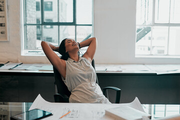 Poster - Blueprint, relax and woman at desk for architecture, project management and creative development. Business, building plan and professional designer in office with stretching, sleeping and paperwork
