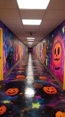 Poster - A hallway with a mural of a galaxy and pumpkins. The pumpkins are scattered throughout the hallway, with some being larger and others smaller. The mural is colorful and vibrant, creating a fun