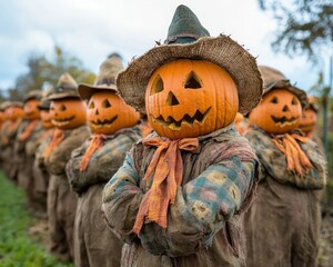 Poster - a group of people dressed in costumes with pumpkin faces on their heads. scene is spooky and festive