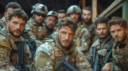 Group of male soldiers in camouflage uniforms, armed and serious, posing in a unified stance in a military setting.