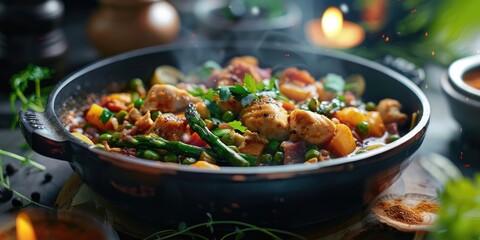 Wall Mural - Bacon and Chicken Mince Roll in a Stew with Fresh Asparagus and Spices