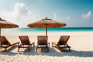 Beautiful beach banner. White sand, chairs and umbrella travel tourism wide panorama background concept. Amazing beach landscape