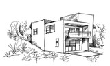 Architecture sketch of building, hand drawn architectectural sketch
