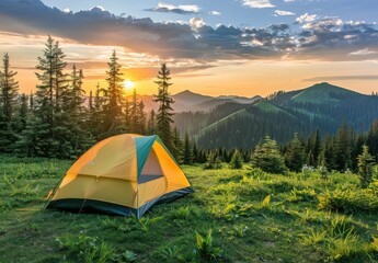 camping background with a mountain scenery during sunset. there is a yellow tent on the green hills 