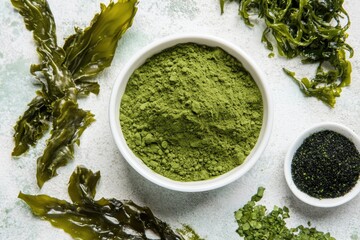 Seaweed Powder. Top View of Fresh Kelp and Spirulina Powders in White Bowl Background