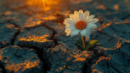 Sticker - Dramatic view of dry,cracked earth surface with lush green grass and a beautiful,vibrant flower blooming amidst the contrast of the parched landscape,bathed in warm,golden sunlight.