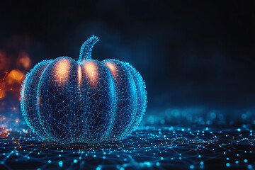 An abstract digital background banner featuring a Halloween pumpkin, accentuated by connecting data points in blue and black colors