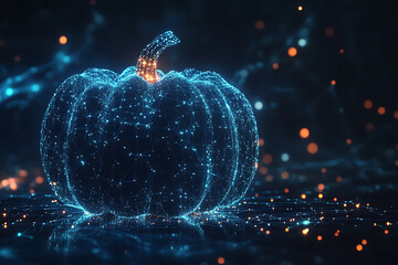 An abstract digital background banner featuring a Halloween pumpkin, accentuated by connecting data points in blue and black colors