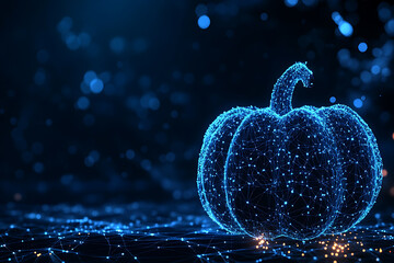 An abstract digital background banner featuring a Halloween pumpkin, accentuated by connecting data points in blue and black colors