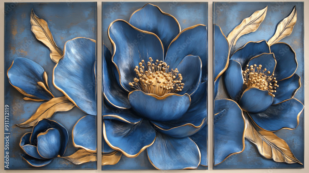 Set of three modern 3D floral wall art panels in blue and gold Stock ...