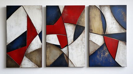 Set of three modern abstract wall art panels with geometric shapes in red, white, and blue colors