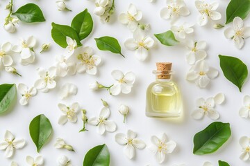 Jasmine Oil Infusion. Fresh Jasmine Flowers on White Background, Top View