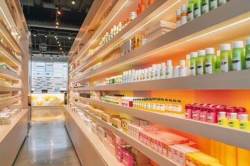 A modern cannabis dispensary interior, sleek shelves filled with colorful products, minimalist design, soft ambient lighting creating a calm and inviting atmosphere, focus on clean lines