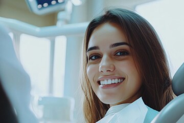 Thinking Dentist. Happy Woman in Dentist's Chair for Examination and Treatment