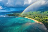 Waimea Hawaii Aerial View: Full Rainbow over North Shore Beach and Ocean Landscape