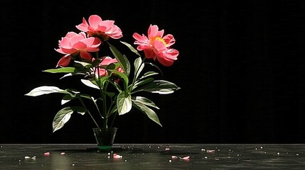 Poster -   A vase filled with many pink flowers sits atop a wooden table, dripping with water onto the floor below