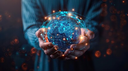 Wall Mural - innovative businessman holding a holographic globe with interconnected network lines digital marketing strategy visualized through glowing icons and data streams futuristic business concept