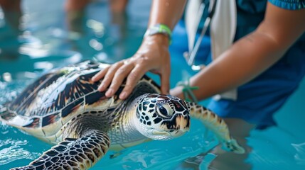 A veterinary professional demonstrates expert care while handling a beautiful and graceful sea turtle during treatment at an animal hospital, showcasing dedication, compassion, and life-saving skills.