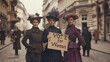 © Lokithi Stock - Three suffragettes holding a vote for women sign on a city street