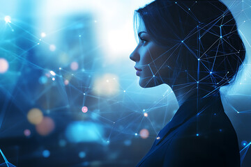 An abstract digital background banner showcasing an office manager, enhanced with connecting data points in blue and black colors