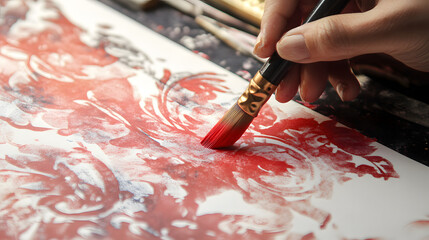 stenciling - person applying ink on stencil to transfer a design onto a fabric. - closeup shot isolated on white background, photo, png