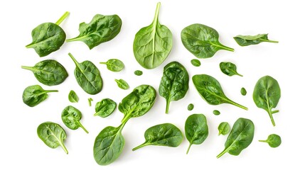 Poster -   A cluster of spinach leaves stacked atop a white table adjacent to one another