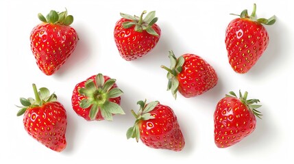 Poster -   Six strawberries on white background, green stem, small strawberries in center