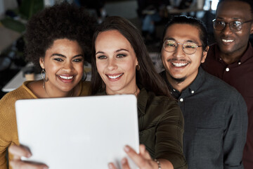 Poster - Smile, friends and selfie of business people on tablet in office for diversity, picture and memory together. Creative, photo and group in startup for team building, solidarity and coworking at night