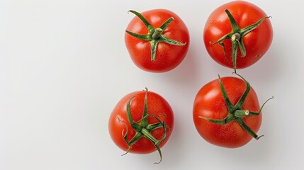 Poster -   Four tomatoes sit together on a white surface with green stems