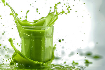 Wall Mural - Green smoothie splash on white surface with vibrant liquid splashes healthy lifestyle and wellness concept