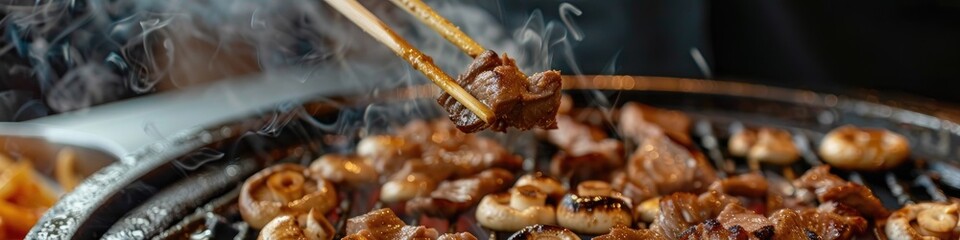 Canvas Print - Hand holding chopsticks picking up mushrooms over hot charcoal BBQ Grilled Beef Sirloin on charcoal stove Korean BBQ