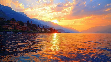 Poster -   A vast expanse of water with homes lining the coast and a distant mountain range capped with billowing clouds above